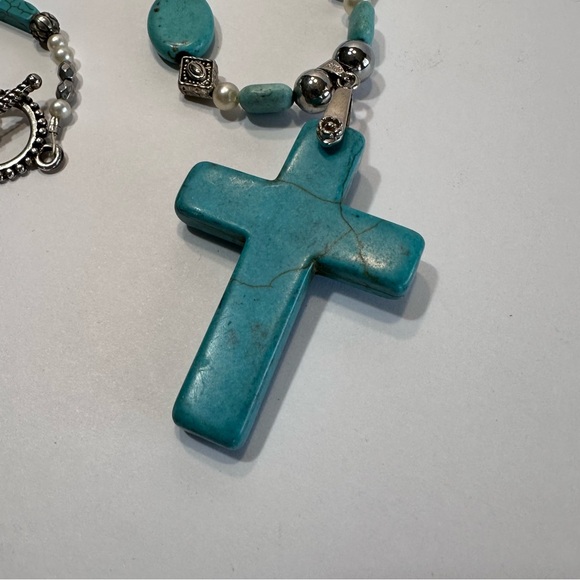 Turquoise Cross Statement Necklace Pearl & Faux Pearl Beaded Artisan Made - Picture 3 of 14